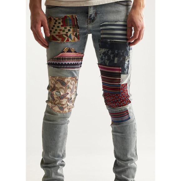 Embellish NYC Men's West Patchwork Distressed Skinny Fit Stretch Denim Jeans - Picture 5 of 5